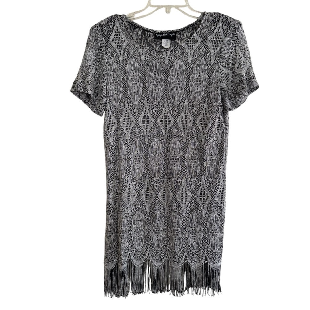 Vintage Giorgio Sant Angelo See Through Silver Lace Crochet 
Fringe Dress 7/8